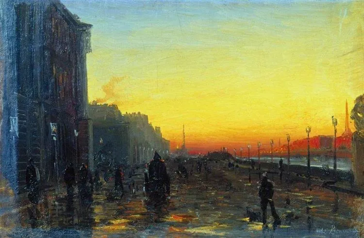 Figures on a St Petersburg embankment at dawn.
