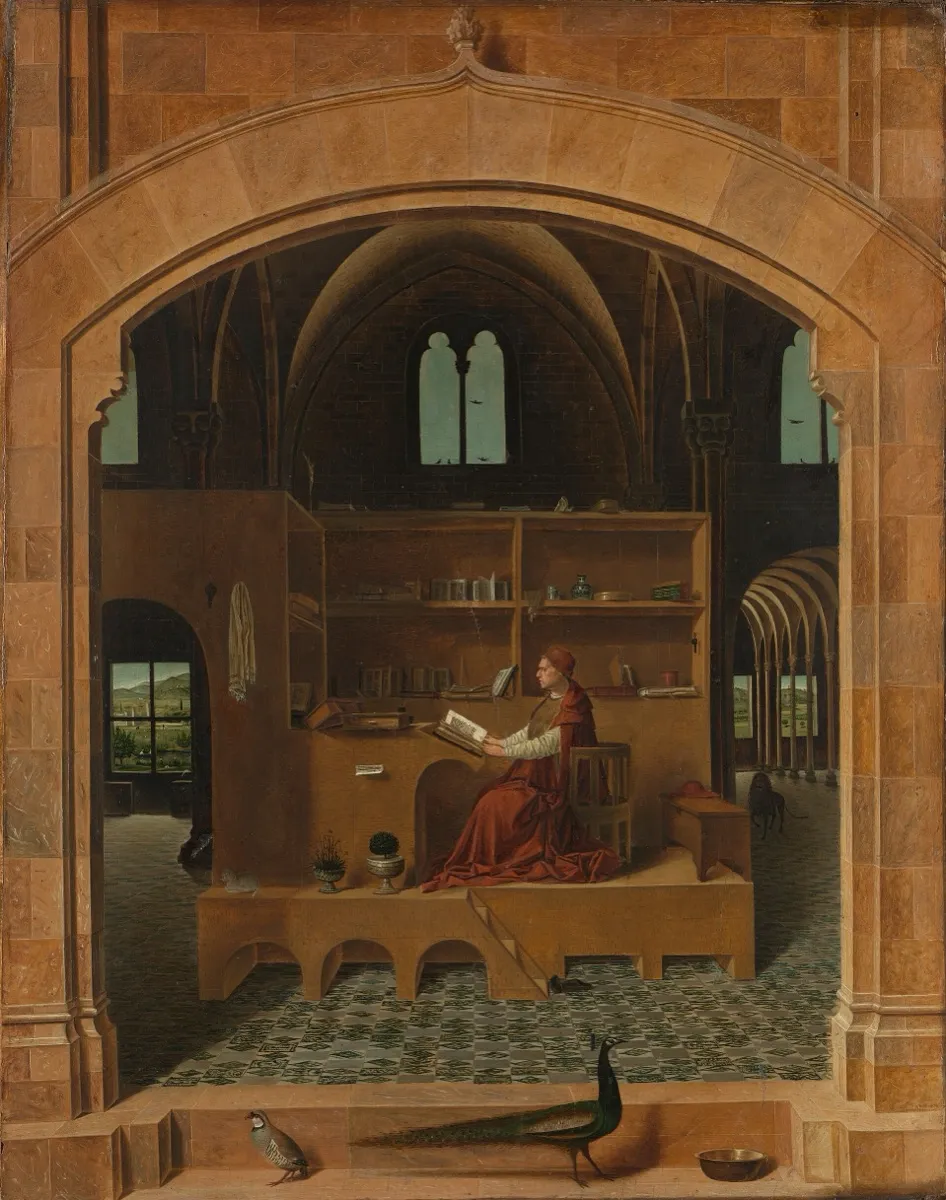 Saint Jerome in His Study by Antonello da Messina — a scholar reading and writing alone in a quiet study.