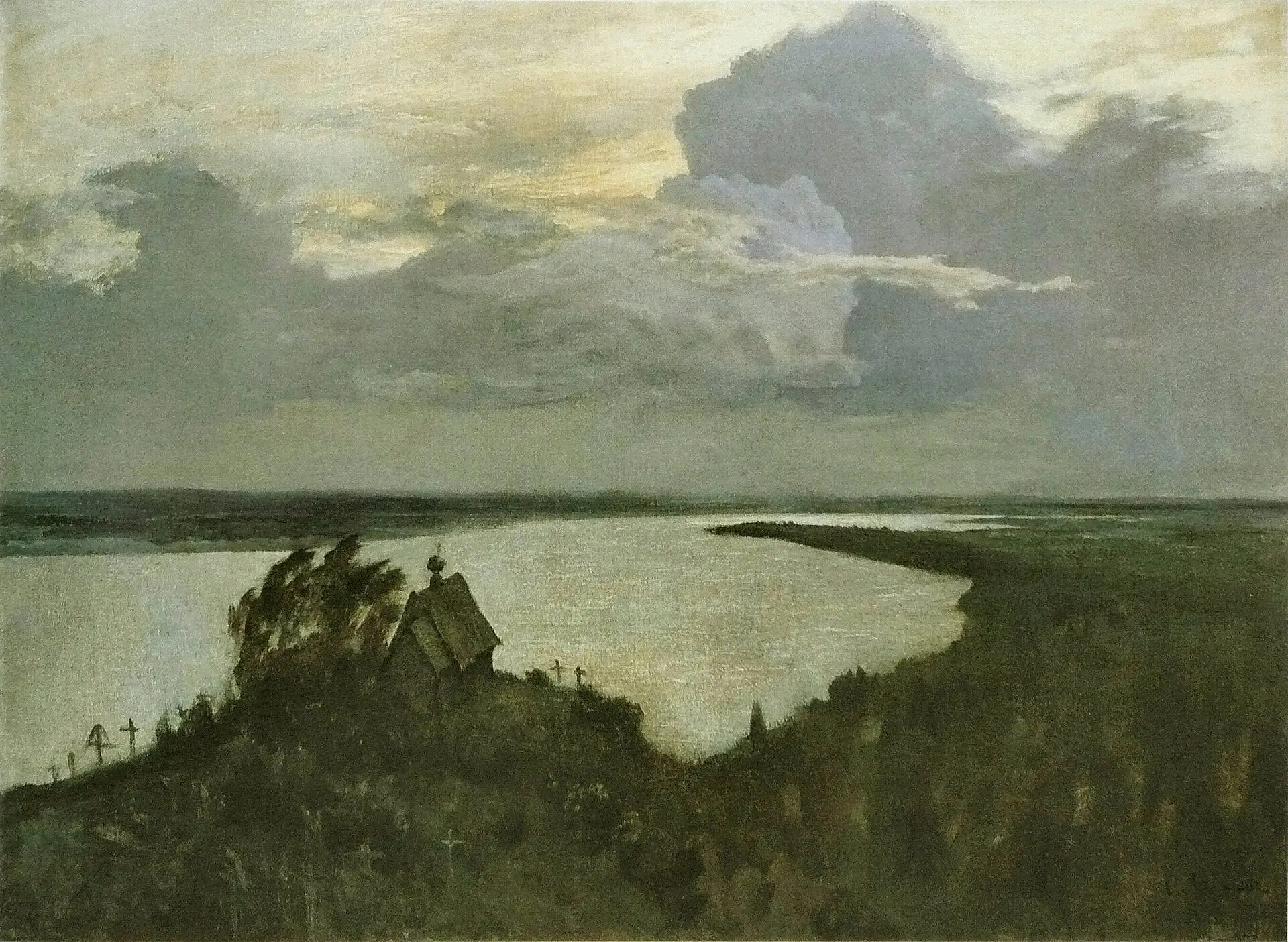 Over Eternal Peace by Isaac Levitan, 1894 — a small wooden church and its graveyard on a headland under an immense storm sky, the river bending away below.