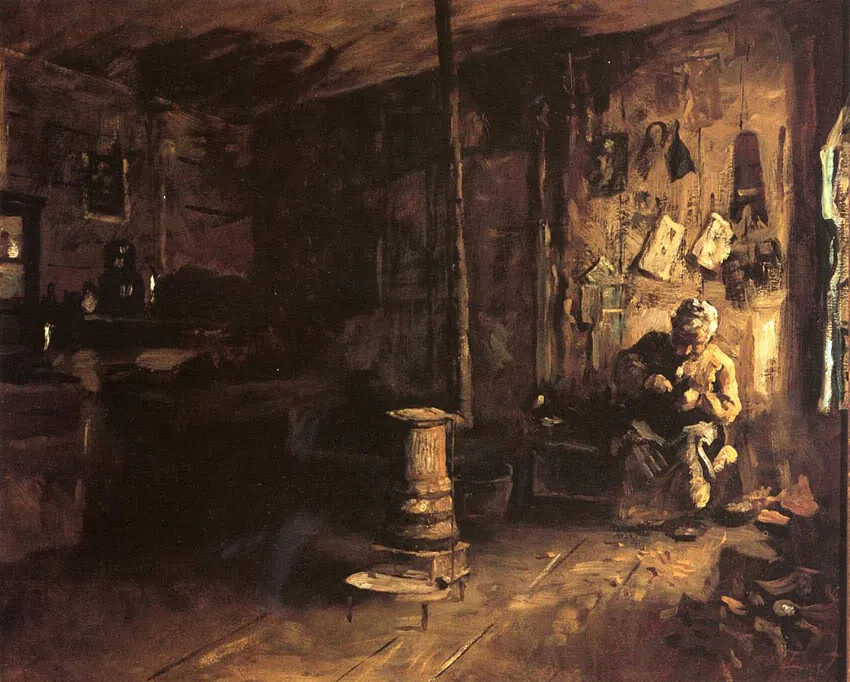 A cobbler working alone by candlelight.