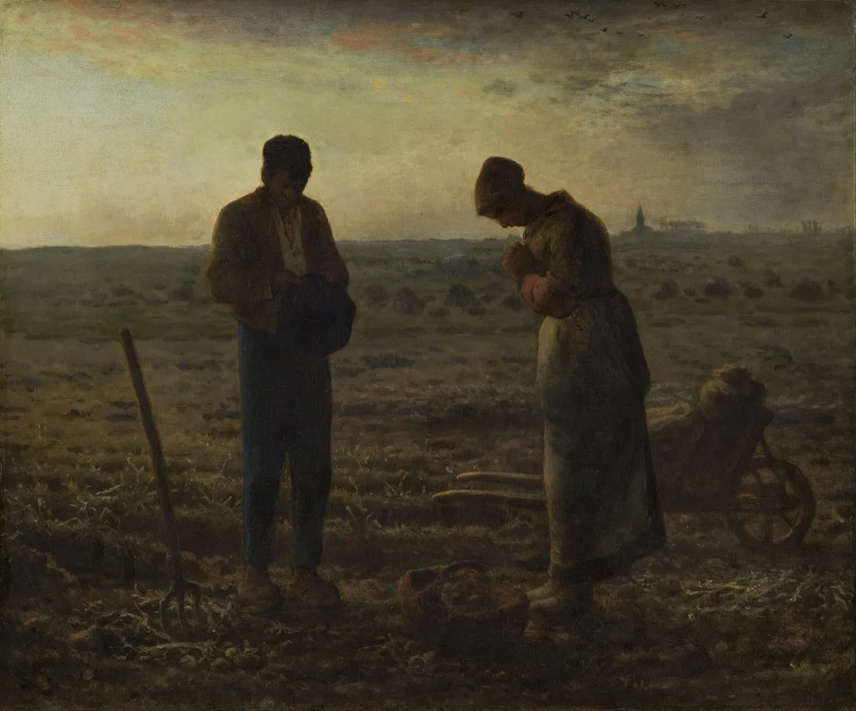 The Angelus by Jean-François Millet — two peasants bowed in prayer over the potato harvest at dusk.