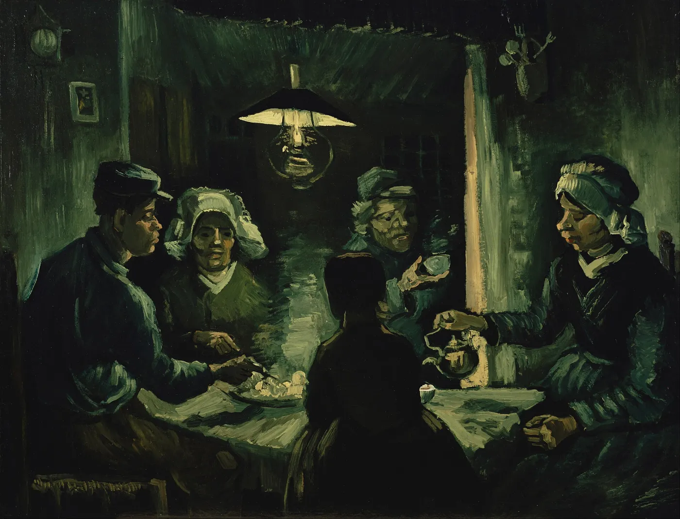 The Potato Eaters by Vincent van Gogh, 1885 — five peasants sharing a dish of potatoes under a single lamp.